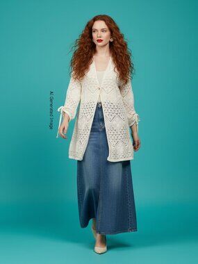 Vintage Style White Crochet Cardigan Boho Open Knit Duster Cardigan Size M
